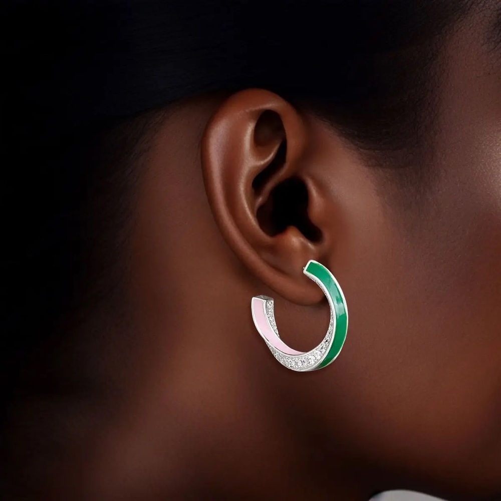 Hoop 14K Silver Pink Green Cz Twist Earrings Women